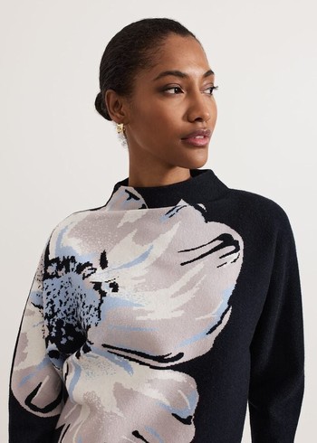 Phase Eight Bessie Blue Floral Placement Knitwear Navy Australia | XJ4506281